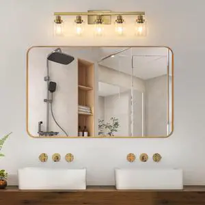 31" Golden 5-Light Vanity Light with Clear Glass Shades, Modern Iron Metal Bathroom Wall Fixture for Mirror, Ideal for Bathroom and Dressing Table (No Bulbs) 31" Golden 5-Light Vanity Light with Clear Glass Shades, Modern Iron Metal Bathroom Wall Fixture for Mirror, Ideal for Bathroom and Dressing Table (No Bulbs)