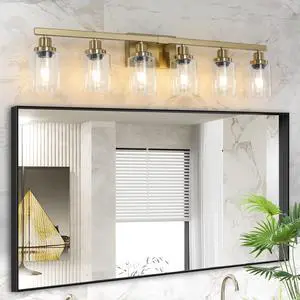 37" Golden 6-Light Vanity Light with Clear Glass Shades, Modern Iron Metal Bathroom Wall Fixture for Mirror, Ideal for Bathroom and Dressing Table (No Bulbs) 37" Golden 6-Light Vanity Light with Clear Glass Shades, Modern Iron Metal Bathroom Wall Fixture for Mirror, Ideal for Bathroom and Dressing Table (No Bulbs)