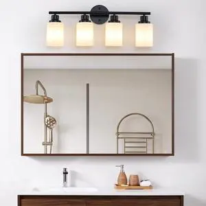 24" Modern 4-Light Vanity Bathroom Mirror Light, Frosted White Glass with Black Iron Frame, Contemporary Wall Sconce for Bedroom, Bathroom, and Dressing Room (Bulb Not included) 24" Modern 4-Light Vanity Bathroom Mirror Light, Frosted White Glass with Black Iron Frame, Contemporary Wall Sconce for Bedroom, Bathroom, and Dressing Room (Bulb Not included)