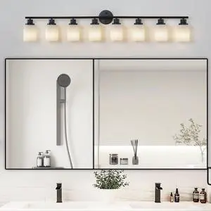 52" Modern 8-Light Vanity Bathroom Mirror Light, Frosted White Glass with Black Iron Frame, Contemporary Wall Sconce for Bedroom, Bathroom, and Dressing Room (Bulb Not included) 52" Modern 8-Light Vanity Bathroom Mirror Light, Frosted White Glass with Black Iron Frame, Contemporary Wall Sconce for Bedroom, Bathroom, and Dressing Room (Bulb Not included)