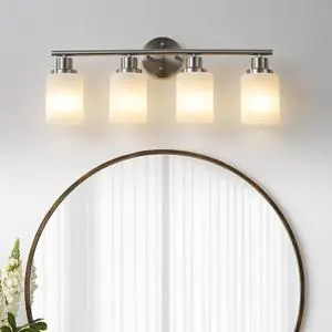 24" Modern 4-Light Vanity Wall Sconce, Brushed Nickel Finish with Frosted Glass Shades for Bathroom Or Hallway Lighting (No Bulbs) 24" Modern 4-Light Vanity Wall Sconce, Brushed Nickel Finish with Frosted Glass Shades for Bathroom Or Hallway Lighting (No Bulbs)