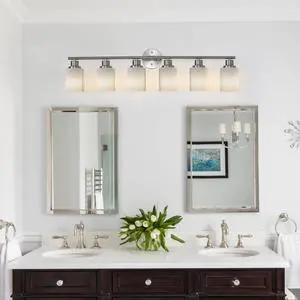 39" Modern 6-Light Vanity Wall Sconce, Brushed Nickel Finish with Frosted Glass Shades for Bathroom Or Hallway Lighting (No Bulbs) 39" Modern 6-Light Vanity Wall Sconce, Brushed Nickel Finish with Frosted Glass Shades for Bathroom Or Hallway Lighting (No Bulbs)