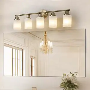 31" Modern 5-Light Vanity Wall Sconce, Golden Finish with Frosted Glass Shades for Bathroom Or Hallway Lighting (No Bulbs) 31" Modern 5-Light Vanity Wall Sconce, Golden Finish with Frosted Glass Shades for Bathroom Or Hallway Lighting (No Bulbs)