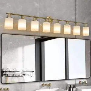 52" Modern 8-Light Vanity Wall Sconce, Golden Finish with Frosted Glass Shades for Bathroom Or Hallway Lighting (No Bulbs) 52" Modern 8-Light Vanity Wall Sconce, Golden Finish with Frosted Glass Shades for Bathroom Or Hallway Lighting (No Bulbs)