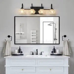 23" Retro 4-Light Bathroom Vanity Light Fixture - Black Finish with Crystal Glass Shades, Wall Mounted Lighting for Bathroom, Powder Room, and Vanity Mirror (No Bulbs) 23" Retro 4-Light Bathroom Vanity Light Fixture - Black Finish with Crystal Glass Shades, Wall Mounted Lighting for Bathroom, Powder Room, and Vanity Mirror (No Bulbs)