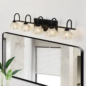29" Retro 5-Light Bathroom Vanity Light Fixture - Black Finish with Crystal Glass Shades, Wall Mounted Lighting for Bathroom, Powder Room, and Vanity Mirror (No Bulbs) 29" Retro 5-Light Bathroom Vanity Light Fixture - Black Finish with Crystal Glass Shades, Wall Mounted Lighting for Bathroom, Powder Room, and Vanity Mirror (No Bulbs)