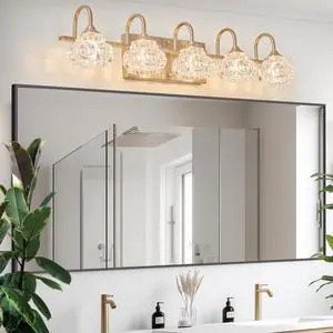 29" Modern Crystal Bathroom Vanity Light, 5-Light Golden Wall Sconce with Clear Glass Shade, Elegant Wall Mount Lighting for Bathroom, Powder Room, Or Vanity Mirror (No Bulbs) 29" Modern Crystal Bathroom Vanity Light, 5-Light Golden Wall Sconce with Clear Glass Shade, Elegant Wall Mount Lighting for Bathroom, Powder Room, Or Vanity Mirror (No Bulbs)