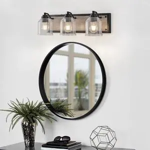 23" Farmhouse Vanity Light Fixture, 3-Light Bathroom Wall Sconce with Clear Seeded Glass Shades, Black and Wood Grain Finish, Modern industrial Design for Bathroom Or Powder Room (No Bulbs) 23" Farmhouse Vanity Light Fixture, 3-Light Bathroom Wall Sconce with Clear Seeded Glass Shades, Black and Wood Grain Finish, Modern industrial Design for Bathroom Or Powder Room (No Bulbs)