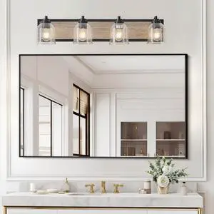 32" Farmhouse Vanity Light Fixture, 4-Light Bathroom Wall Sconce with Clear Seeded Glass Shades, Black and Wood Grain Finish, Modern industrial Design for Bathroom Or Powder Room (No Bulbs) 32" Farmhouse Vanity Light Fixture, 4-Light Bathroom Wall Sconce with Clear Seeded Glass Shades, Black and Wood Grain Finish, Modern industrial Design for Bathroom Or Powder Room (No Bulbs)