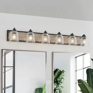 49" Farmhouse Vanity Light Fixture, 6-Light Bathroom Wall Sconce with Clear Seeded Glass Shades, Black and Wood Grain Finish, Modern industrial Design for Bathroom Or Powder Room (No Bulbs) 49" Farmhouse Vanity Light Fixture, 6-Light Bathroom Wall Sconce with Clear Seeded Glass Shades, Black and Wood Grain Finish, Modern industrial Design for Bathroom Or Powder Room (No Bulbs)