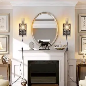 (only Supports Plug-in) Rustic Farmhouse Wall Sconces Set Of 2, Vintage industrial Plug-in Wall Lights with Clear Glass Shade, Black and Gold Finish for Bedroom, Living Room, Or Hallway (No Bulbs) (only Supports Plug-in) Rustic Farmhouse Wall Sconces Set Of 2, Vintage industrial Plug-in Wall Lights with Clear Glass Shade, Black and Gold Finish for Bedroom, Living Room, Or Hallway (No Bulbs)