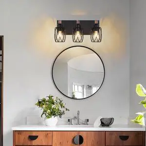 18" industrial Vintage 3-Light Wall Sconce - Black Cage Wall Lighting Fixture with Wooden Accents for Bathroom, Hallway, Or Living Room (Bulb Not included) 18" industrial Vintage 3-Light Wall Sconce - Black Cage Wall Lighting Fixture with Wooden Accents for Bathroom, Hallway, Or Living Room (Bulb Not included)