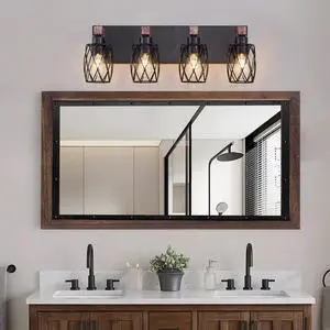24" industrial Vintage 4-Light Wall Sconce - Black Cage Wall Lighting Fixture with Wooden Accents for Bathroom, Hallway, Or Living Room (Bulb Not included) 24" industrial Vintage 4-Light Wall Sconce - Black Cage Wall Lighting Fixture with Wooden Accents for Bathroom, Hallway, Or Living Room (Bulb Not included)