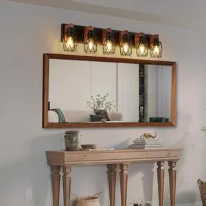 38" industrial Vintage 6-Light Wall Sconce - Black Cage Wall Lighting Fixture with Wooden Accents for Bathroom, Hallway, Or Living Room (Bulb Not included) 38" industrial Vintage 6-Light Wall Sconce - Black Cage Wall Lighting Fixture with Wooden Accents for Bathroom, Hallway, Or Living Room (Bulb Not included)