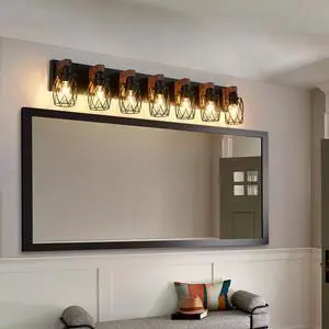 industrial Vintage 7-Light Wall Sconce - Black Cage Wall Lighting Fixture with Wooden Accents for Bathroom, Hallway, Or Living Room (Bulb Not included) industrial Vintage 7-Light Wall Sconce - Black Cage Wall Lighting Fixture with Wooden Accents for Bathroom, Hallway, Or Living Room (Bulb Not included)