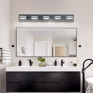 32" Modern Black 5-Light Led Vanity Light, Square Acrylic Lampshades Wall Mount Fixture for Bathroom, Mirror Lighting 32" Modern Black 5-Light Led Vanity Light, Square Acrylic Lampshades Wall Mount Fixture for Bathroom, Mirror Lighting