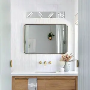 26" Modern Chrome 4-Light Led Vanity Light, Square Acrylic Lampshades Wall Mount Fixture for Bathroom, Mirror Lighting 26" Modern Chrome 4-Light Led Vanity Light, Square Acrylic Lampshades Wall Mount Fixture for Bathroom, Mirror Lighting