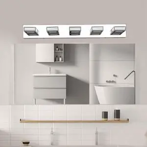 32" Modern Chrome 5-Light Led Vanity Light, Square Acrylic Lampshades Wall Mount Fixture for Bathroom, Mirror Lighting 32" Modern Chrome 5-Light Led Vanity Light, Square Acrylic Lampshades Wall Mount Fixture for Bathroom, Mirror Lighting
