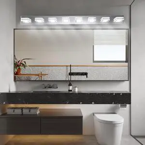 52" Modern Chrome 8-Light Led Vanity Light, Square Acrylic Lampshades Wall Mount Fixture for Bathroom, Mirror Lighting 52" Modern Chrome 8-Light Led Vanity Light, Square Acrylic Lampshades Wall Mount Fixture for Bathroom, Mirror Lighting