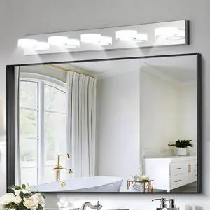 37" Modern 5-Light Led Vanity Light Fixture - Chrome Finish with Acrylic Light Shades - Energy-Efficient Bathroom Wall Sconce - Dimmable for Mirror, Shower, and Bathroom Decor 37" Modern 5-Light Led Vanity Light Fixture - Chrome Finish with Acrylic Light Shades - Energy-Efficient Bathroom Wall Sconce - Dimmable for Mirror, Shower, and Bathroom Decor