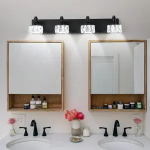 Modern 4-Light Matte Black Led Vanity Light Fixture with Crystal Glass Shades, Bathroom Wall Sconce for Elegant and Contemporary Home Decor Modern 4-Light Matte Black Led Vanity Light Fixture with Crystal Glass Shades, Bathroom Wall Sconce for Elegant and Contemporary Home Decor
