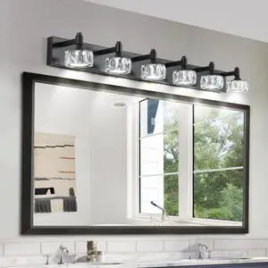 Modern 6-Light Matte Black Led Vanity Light Fixture with Crystal Glass Shades, Bathroom Wall Sconce for Elegant and Contemporary Home Decor Modern 6-Light Matte Black Led Vanity Light Fixture with Crystal Glass Shades, Bathroom Wall Sconce for Elegant and Contemporary Home Decor