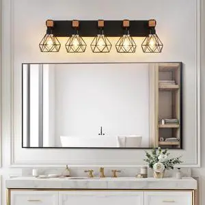 31" Modern Geometric 5-Light Vanity Light Fixture with Black Metal, Wooden Accents and Cage Lampshade for Bathroom, Bedroom, Or Living Room (Bulb Not included) 31" Modern Geometric 5-Light Vanity Light Fixture with Black Metal, Wooden Accents and Cage Lampshade for Bathroom, Bedroom, Or Living Room (Bulb Not included)