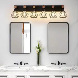38" Modern Geometric 6-Light Vanity Light Fixture with Black Metal, Wooden Accents and Cage Lampshade for Bathroom, Bedroom, Or Living Room (Bulb Not included) 38" Modern Geometric 6-Light Vanity Light Fixture with Black Metal, Wooden Accents and Cage Lampshade for Bathroom, Bedroom, Or Living Room (Bulb Not included)