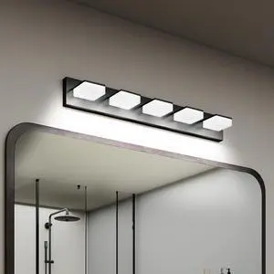 Led Modern Bathroom Vanity Light Fixtures (5-Light, 32-inch), Matte Black Modern Acrylic Bathroom Wall Lighting Fixtures Over Mirror (Cool White 6000K) Led Modern Bathroom Vanity Light Fixtures (5-Light, 32-inch), Matte Black Modern Acrylic Bathroom Wall Lighting Fixtures Over Mirror (Cool White 6000K)