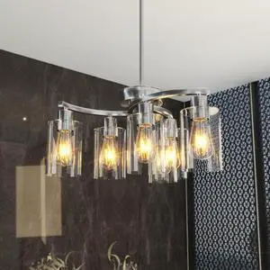 6-Light Brushed Nickel Chandeliers for Dining Room Light Fixtures Over Table, Adjustable Height Hanging industrial Pendant Lighting for Kitchen Island Bedroom, Clear Glass Shade 6-Light Brushed Nickel Chandeliers for Dining Room Light Fixtures Over Table, Adjustable Height Hanging industrial Pendant Lighting for Kitchen Island Bedroom, Clear Glass Shade