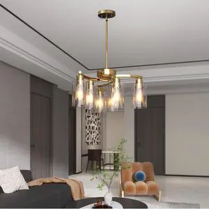 6-Light Gold Chandeliers for Dining Room, Modern Kitchen Island Light Fixtures Over Table, Metal Hanging Pendant Lighting for Living Room Stairwell Entryway Bedroom, Clear Glass Shade 6-Light Gold Chandeliers for Dining Room, Modern Kitchen Island Light Fixtures Over Table, Metal Hanging Pendant Lighting for Living Room Stairwell Entryway Bedroom, Clear Glass Shade