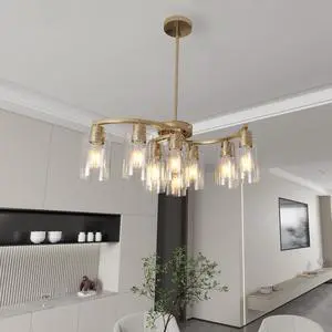 9-Light Gold Glass Chandelier, Adjustable Height Dining Room Light Fixtures Over Table, Contemporary Hanging Chandelier for Kitchen Island Living Room Foyer Office, Clear Glass Shade 9-Light Gold Glass Chandelier, Adjustable Height Dining Room Light Fixtures Over Table, Contemporary Hanging Chandelier for Kitchen Island Living Room Foyer Office, Clear Glass Shade