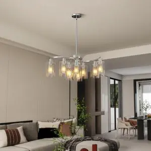 9-Light Brushed Nickel Glass Chandelier, Adjustable Height Hanging industrial Dining Room Chandelier Over Table, Modern Farmhouse Chandelier for Kitchen Island Living Room Entryway Bedroom 9-Light Brushed Nickel Glass Chandelier, Adjustable Height Hanging industrial Dining Room Chandelier Over Table, Modern Farmhouse Chandelier for Kitchen Island Living Room Entryway Bedroom