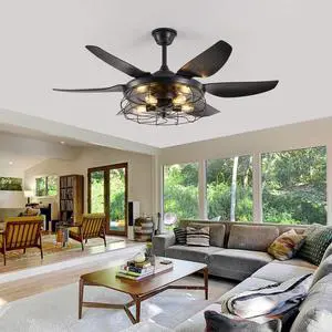 52" Modern Black Ceiling Fan with Light, 6 Fan Blades and industrial Cage Design, Adjustable Speed for Living Room, Bedroom, Dining Room (Silent/6-Speed/Reversible/Dc Motor) (Bulb Not included) 52" Modern Black Ceiling Fan with Light, 6 Fan Blades and industrial Cage Design, Adjustable Speed for Living Room, Bedroom, Dining Room (Silent/6-Speed/Reversible/Dc Motor) (Bulb Not included)