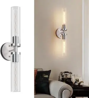 Wall Sconces Set Of Two, Hardwired Brushed Nickel Bathroom Sconces Wall Lighting with Clear Glass, Modern Sconces Wall Decor Set Of 2 Wall Light Fixtures for Mirror Hallway (Bulbs Not included) Wall Sconces Set Of Two, Hardwired Brushed Nickel Bathroom Sconces Wall Lighting with Clear Glass, Modern Sconces Wall Decor Set Of 2 Wall Light Fixtures for Mirror Hallway (Bulbs Not included)