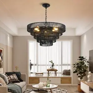 24" Rustic 5-Tier Black Hemp Rope Pendant Light Chandelier with 8 E12 Sockets, Boho Farmhouse Ceiling Fixture for Dining Room, Kitchen, Or Entryway (Bulb Not included) 24" Rustic 5-Tier Black Hemp Rope Pendant Light Chandelier with 8 E12 Sockets, Boho Farmhouse Ceiling Fixture for Dining Room, Kitchen, Or Entryway (Bulb Not included)