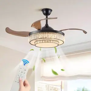 48" Contemporary Crystal Led Retractable Ceiling Fan with Light and Remote Control, 6-Speed Quiet Reversible Dc Motor,4 Blades Modern Ceiling Fans for Kitchen Bedroom Dining Room Patio 48" Contemporary Crystal Led Retractable Ceiling Fan with Light and Remote Control, 6-Speed Quiet Reversible Dc Motor,4 Blades Modern Ceiling Fans for Kitchen Bedroom Dining Room Patio