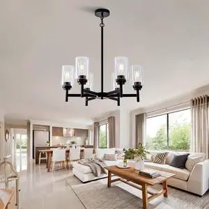 Farmhouse 6-Light Glass Chandelier, Modern Black Light Fixture for Kitchen Dining Room Over Table, industrial Lighting for Living Room, Foyer, Entryway, E26 Bulb Base Farmhouse 6-Light Glass Chandelier, Modern Black Light Fixture for Kitchen Dining Room Over Table, industrial Lighting for Living Room, Foyer, Entryway, E26 Bulb Base