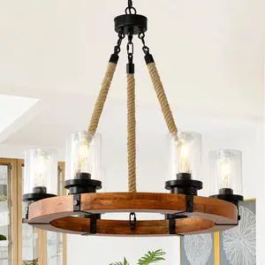 23.62 inch Round Wood Pendant Light with Seeded Glass Shade, Rustic 6-Light Wagon Wheel Chandelier,Farmhouse Chandeliers for Dining Room Kitchen Island Foyer Entryway (8 Light)--No included Bulbs 23.62 inch Round Wood Pendant Light with Seeded Glass Shade, Rustic 6-Light Wagon Wheel Chandelier,Farmhouse Chandeliers for Dining Room Kitchen Island Foyer Entryway (8 Light)--No included Bulbs