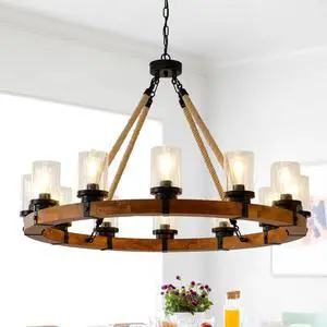 12-Light Rustic Wagon Wheel Chandelier,39"Wooden Pendant Light with Seeded Glass Shade,industrial Chandeliers for Dining Room Kitchen Lsland Foyer (Solid one-Piece Wood Frame Design)-No included Bulbs 12-Light Rustic Wagon Wheel Chandelier,39"Wooden Pendant Light with Seeded Glass Shade,industrial Chandeliers for Dining Room Kitchen Lsland Foyer (Solid one-Piece Wood Frame Design)-No included Bulbs