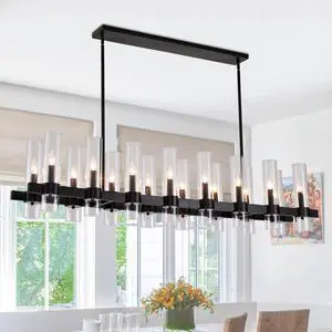 63 inch Black Chandelier Linear with Clear Glass Shade, 16-Lights Modern Farmhouse Ceiling Pendant Hanging Light Fixture Over Table, for Dining Room, Kitchen Island--No included Bulbs 63 inch Black Chandelier Linear with Clear Glass Shade, 16-Lights Modern Farmhouse Ceiling Pendant Hanging Light Fixture Over Table, for Dining Room, Kitchen Island--No included Bulbs
