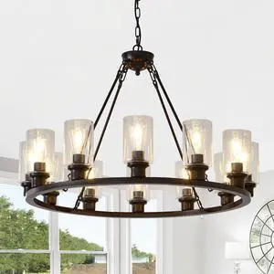 Black Wagon Wheel Chandelier 34.25inch Modern Farmhouse Glass Pendant Light 12-Light Ceiling Hanging Lighting Fixtures for Living Room Dining Room Kitchen Island Foyer--No included Bulbs--Coffee Brown Black Wagon Wheel Chandelier 34.25inch Modern Farmhouse Glass Pendant Light 12-Light Ceiling Hanging Lighting Fixtures for Living Room Dining Room Kitchen Island Foyer--No included Bulbs--Coffee Brown