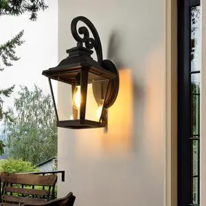 21"(H) 1-Pack Outdoor Wall Lantern Light Vintage Black Metal & Clear Glass Sconce with Decorative Scroll Design for Porch, Patio, and Garden Lighting (Bulb Not included) 21"(H) 1-Pack Outdoor Wall Lantern Light Vintage Black Metal & Clear Glass Sconce with Decorative Scroll Design for Porch, Patio, and Garden Lighting (Bulb Not included)