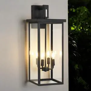 26"(H) 1Ps Modern Outdoor Wall Lanterns with Black Metal Frame and Clear Glass, 4 E12 Bulb Socket, Weatherproof Wall Sconces for Porch, Garden, Patio (No Bulbs) 26"(H) 1Ps Modern Outdoor Wall Lanterns with Black Metal Frame and Clear Glass, 4 E12 Bulb Socket, Weatherproof Wall Sconces for Porch, Garden, Patio (No Bulbs)