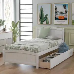 Twin Size Platform Bed With Two Drawers, White Twin Size Platform Bed With Two Drawers, White
