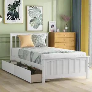 Twin Size Platform Bed With Two Drawers, White Twin Size Platform Bed With Two Drawers, White