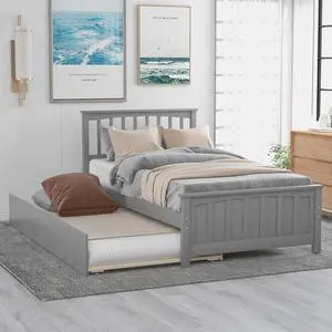Twin Size Platform Bed With Trundle, Gray Twin Size Platform Bed With Trundle, Gray