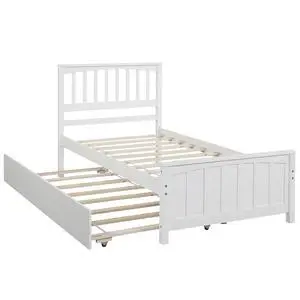 Twin Size Platform Bed With Trundle, White Twin Size Platform Bed With Trundle, White