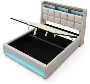 Full Size Upholstered Platform Bed With A Hydraulic Storage System, Led And Charging Station, No Box Spring Needed, Easy Assembly, Noise-Free, Natural (Without Mattress) Full Size Upholstered Platform Bed With A Hydraulic Storage System, Led And Charging Station, No Box Spring Needed, Easy Assembly, Noise-Free, Natural (Without Mattress)