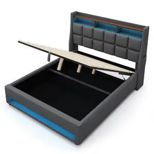 Full Size Upholstered Platform Bed With A Hydraulic Storage System, Led And Charging Station, No Box Spring Needed, Easy Assembly, Noise-Free, Grey (Without Mattress) Full Size Upholstered Platform Bed With A Hydraulic Storage System, Led And Charging Station, No Box Spring Needed, Easy Assembly, Noise-Free, Grey (Without Mattress)